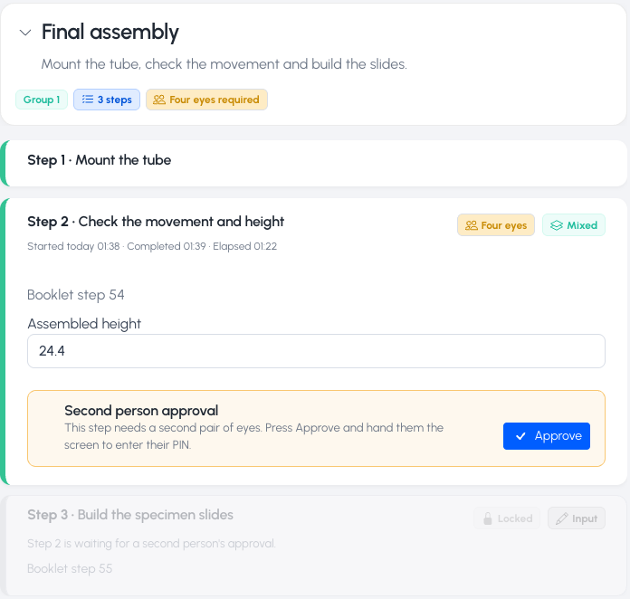 TrackMade step with a recorded measurement waiting for second-person approval; the next step stays locked until it is approved