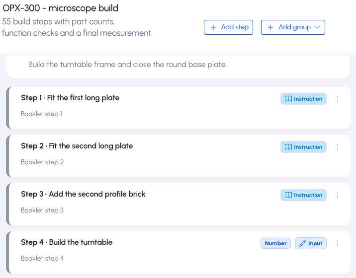 TrackMade workflow editor with buttons to add steps and groups, and a list of build steps with instruction, number and input fields